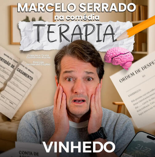 Marcelo Serrado na comédia Terapia" é um espetáculo cômico, visceral e surpreendentemente íntimo. Um monólogo moderno que mistura confissão, sátira e improviso para conduzir o público por uma jornada hilária (e por vezes dolorida) através da mente de um ho