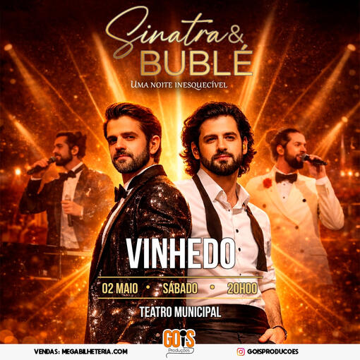VINHEDO recebe o show tributo a dois gigantes do Jazz e do Pop: Frank Sinatra & Michael Bublé. Reviva os sucessos que embalam gerações em um espetáculo emocionante @sinatraebuble 🗓 Quando: 02 de Maio, Sábado 🕗 Horário: 20h 📍 Onde: Teatro Municipal de
