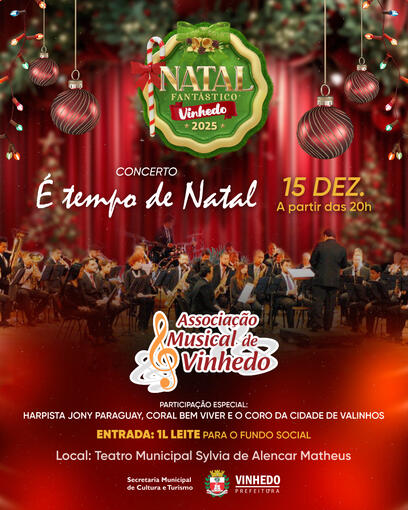 Retire seu ingresso na troca de 1 litro de leite a partir de uma hora antes do início de espetáculo. Toda a arrecadação será revertida ao Fundo Social de Solidariedade de Vinhedo.